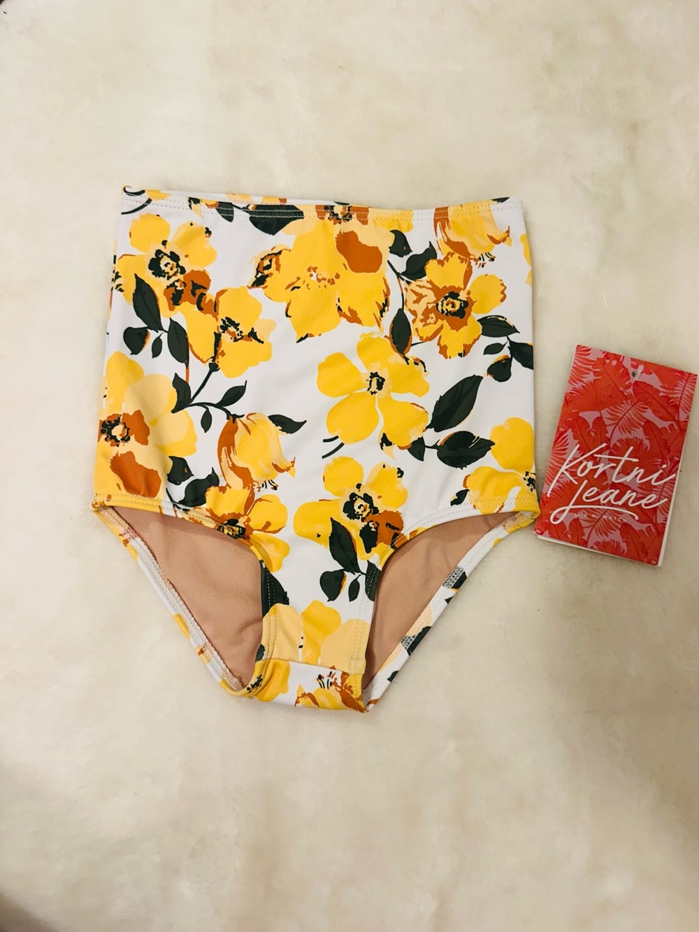 Kortni Jeane White Yellow Floral High-Waist swimsuit bottom size 4/5